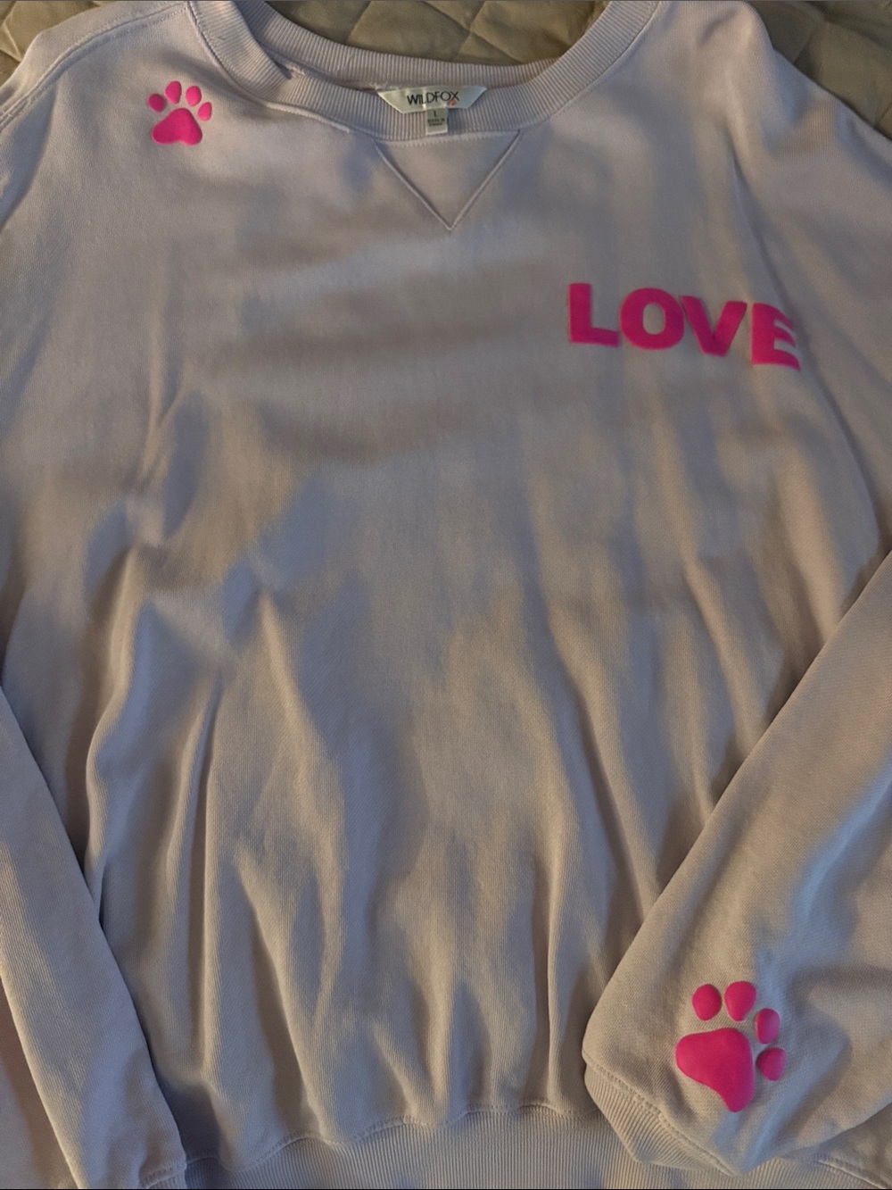 Wildfox Lavender Crewneck with Hot Pink LOVE and Paw Prints